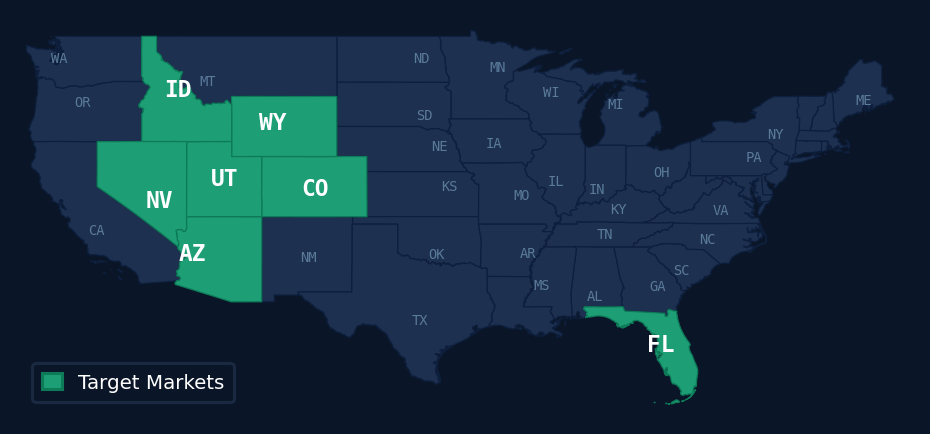 Target markets — CO, UT, ID, WY, AZ, NV, FL